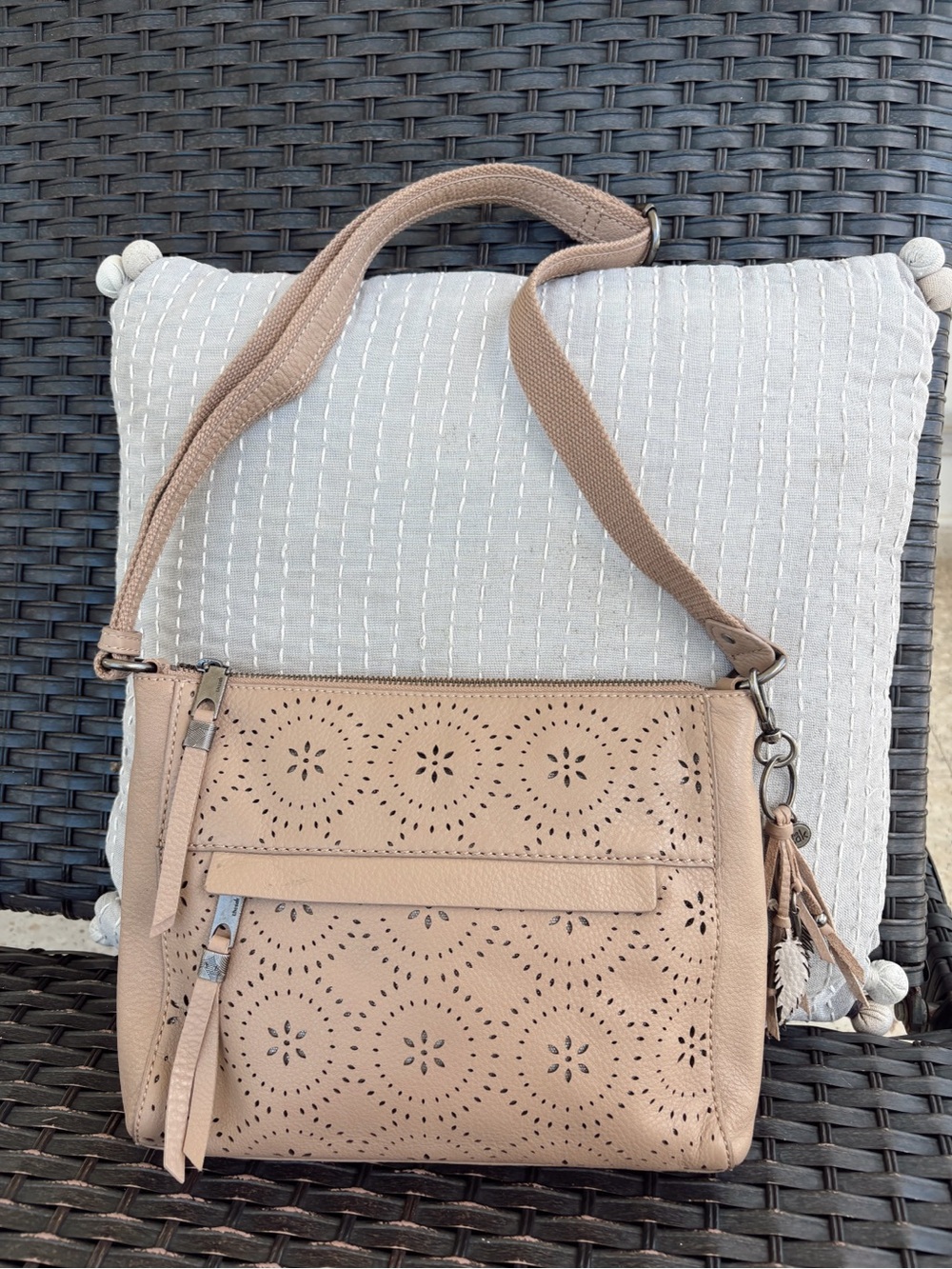The Sak Loyola Taupe Laser-Cut Crossbody Shoulder Bag